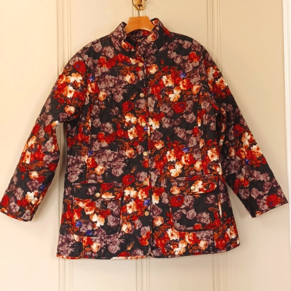 Cynthia Rowley W-2X Quilted Jacket W/Pockets. Printed In Floral Earth Tones.